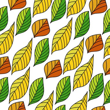 Seamless pattern of bright autumn leaves with asymmetrical veins, yellow orange and green parts of the tree on a white background vector illustration
