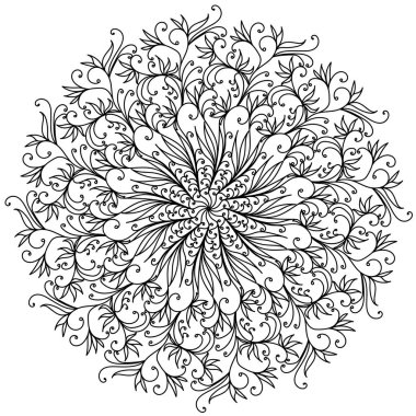 Girdaplı bitkisel ve çiçekli karalama mandalası süslemeli desenli vektör illüstrasyonlu meditasyon sayfası