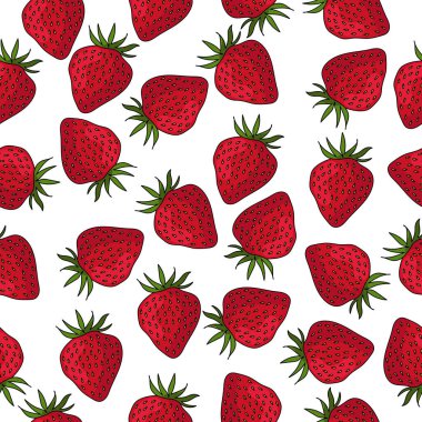 Kusursuz kırmızı sulu çilek deseni, beyaz arkaplan vektör illüstrasyonunda olgun çilek