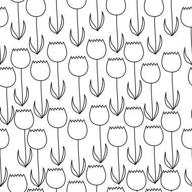 Beyaz arkaplan vektör illüstrasyonunda ince yapraklı lale çiçeklerinin ana hatsız deseni