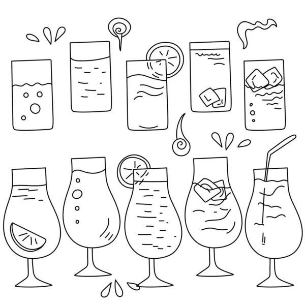 Set Cócteles Doodle Diferentes Vasos Iluminando Contorno Bebidas Vector Ilustración — Vector de stock