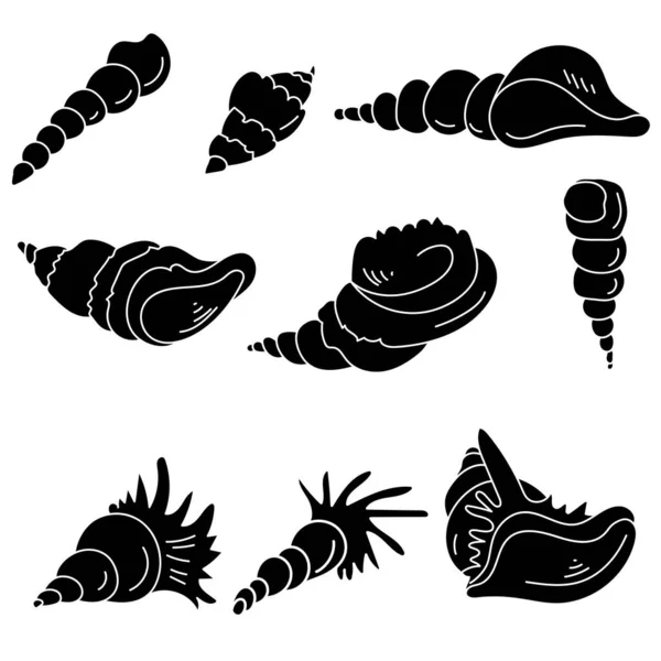 Schelpdieren Silhouetten Met Gekrulde Schelpen Zeebewoners Schelpen Vector Illustratie — Stockvector