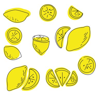 Renkli bir noktaya kontur limonları karalanıyor, sarı sulu narenciye meyveleri bütün, tasarım vektörü çizimi için yarımlar ve dilimler