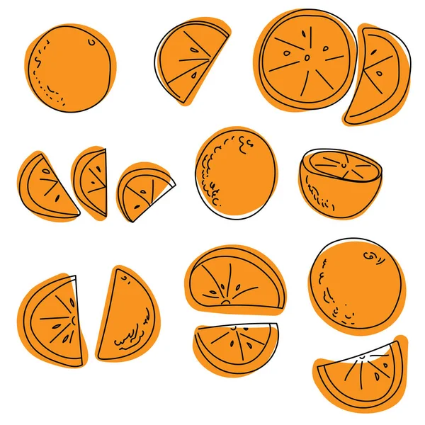 Set Arance Contorno Scarabocchiare Punto Colore Agrumi Succosi Arancioni Interi — Vettoriale Stock