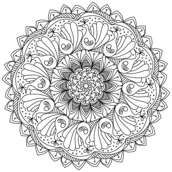 Konturmandala Mit Doodle Pfauen Und Locken Malseite Form Eines Kreises — Stockvektor