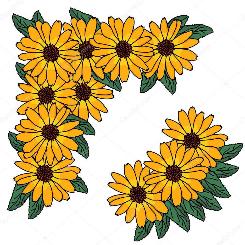 Decorative corner of yellow-orange flowers and small green leaves, cosmos border for decor invitations, cards, etc. vector illustration