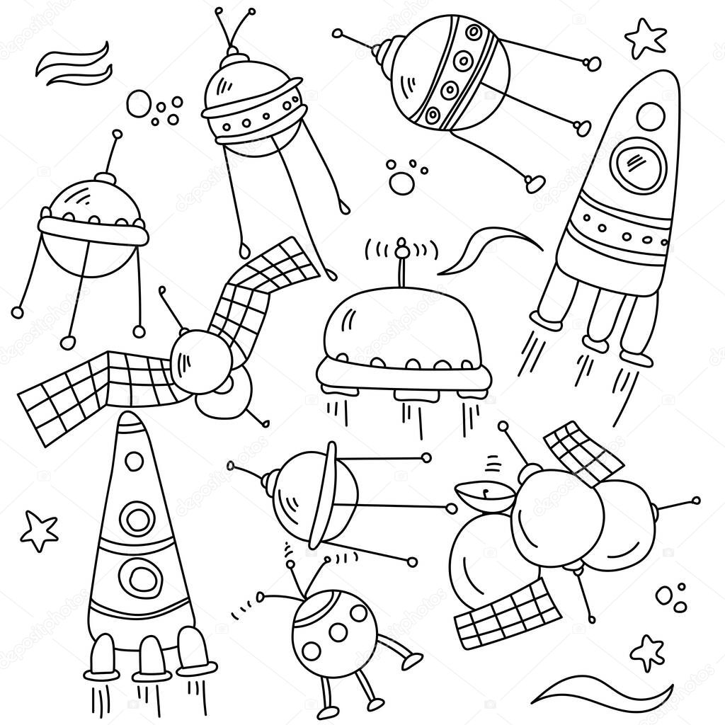 spacecraft doodles, outline satellites and rockets for coloring pages or design vector illustration