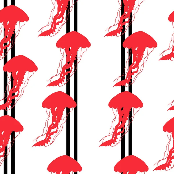 Красный Силуэт Медузы Вертикальных Полосах Бесшовный Узор Яркие Силуэты Подводных — стоковый вектор