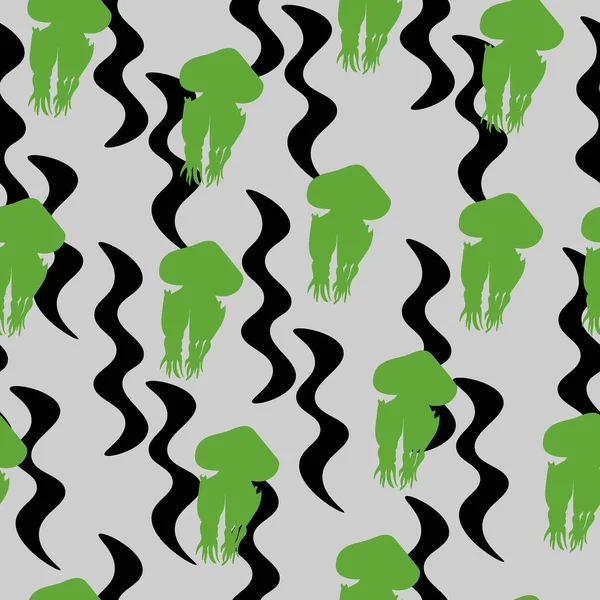 Зеленый Силуэт Медузы Черными Вертикальными Волнами Бесшовный Узор Яркие Силуэты — стоковый вектор