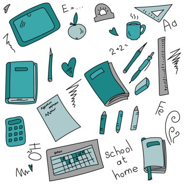 Set of doodles on the topic of study, school subjects and formulas in blue and gray color vector illustration