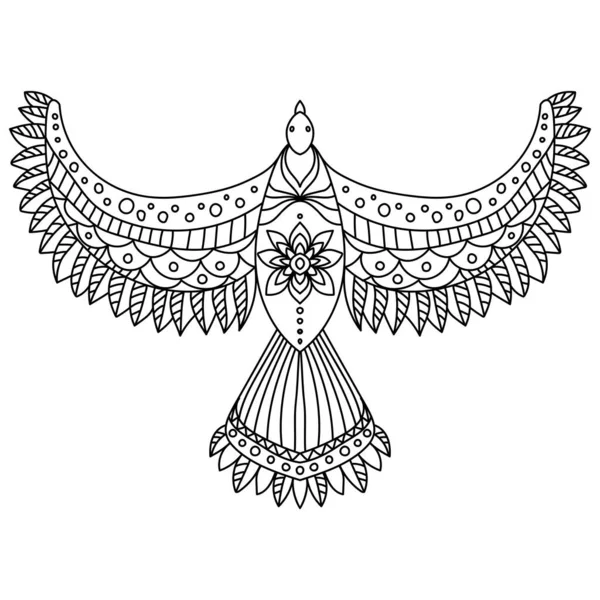Fantasy Flying Bird Patterned Wings Meditative Coloring Page Flying Character — 스톡 벡터