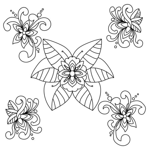 Set Fantasy Doodle Flowers Patterns Swirls Outline Floral Motifs Coloring — Stockvector