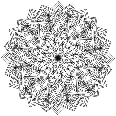 Mandala üçgen fantezi yapraklarıyla karalama meyveleri, meditasyon sayfası çizimi