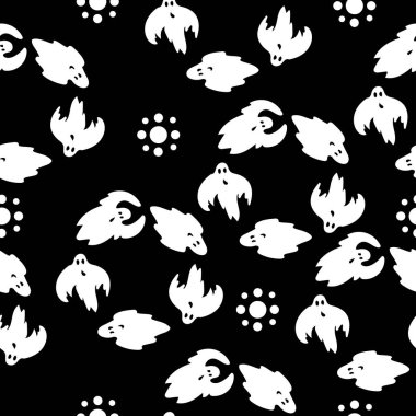 Belirlenmiş uçan hayaletler ve noktalar çemberinden kusursuz desen, siyah arkaplan çizimi üzerinde beyaz ruhlar karalama stilinde