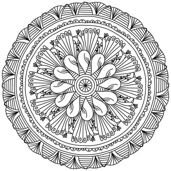 Mandala Contorno Con Pavoni Doodle Modelli Strisce Zen Pagina Colorare — Vettoriale Stock