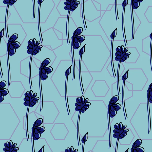 Modèle Sans Couture Fleurs Doodle Délicates Avec Une Silhouette Bleu — Image vectorielle