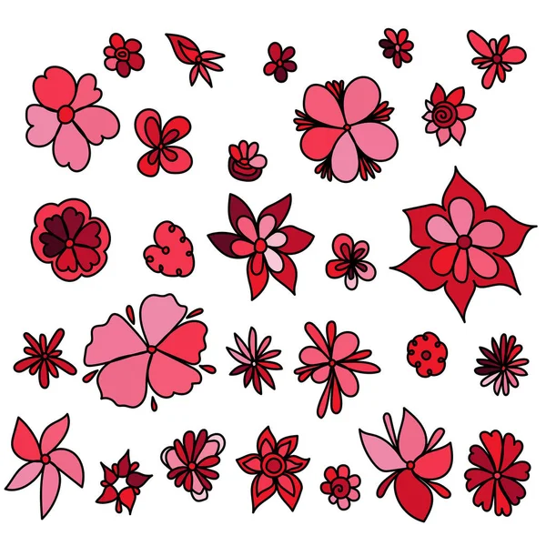 一套供设计用的涂鸦花 红色阴影矢量插画中的开花植物 — 图库矢量图片