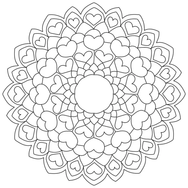Contour Mandala Met Hartjes Eenvoudige Valentijnsdag Kleurplaat Vector Illustratie — Stockvector