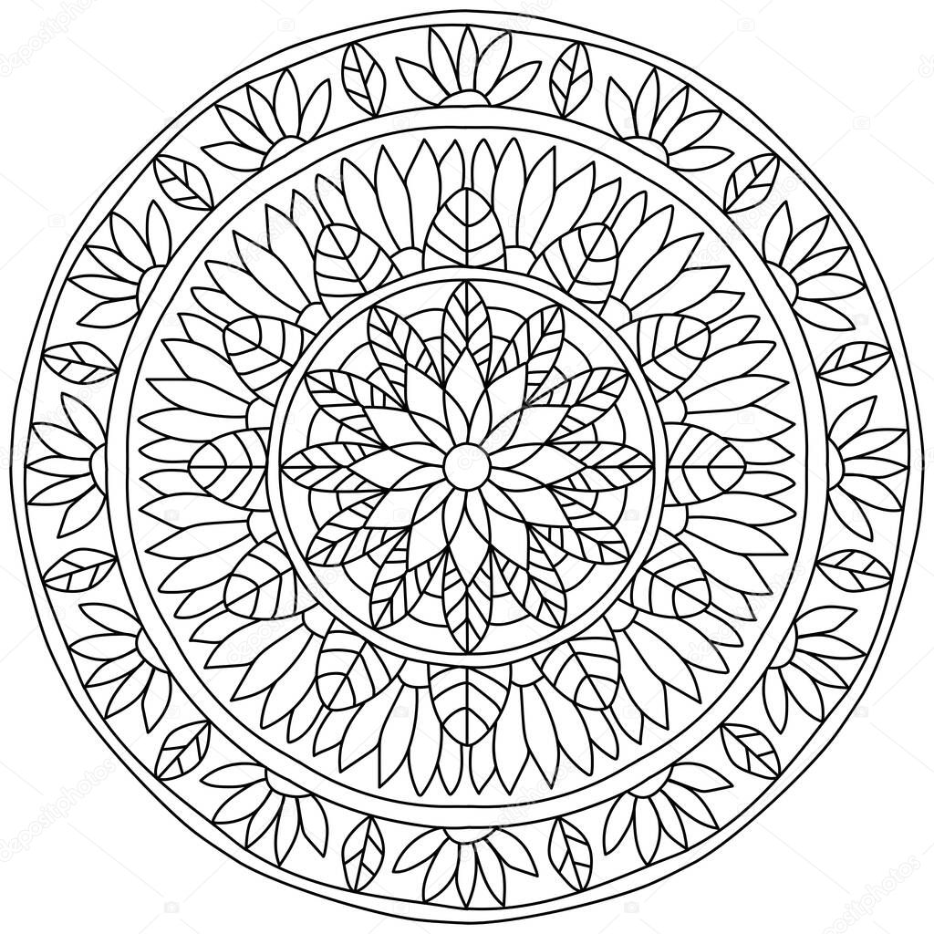 Ornate mandala with flowers and leaves, meditative coloring page with natural motives vector illustration