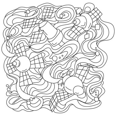 Uzay teması, uzay aracı, uydu ve istasyon üzerine güneş panelleri ve süslemeli desen vektör illüstrasyonu üzerine renklendirme sayfası