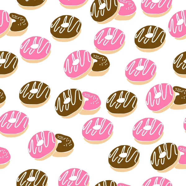 Leuchtend Rosa Und Schokolade Donuts Nahtlose Muster Auf Weißem Hintergrund — Stockvektor