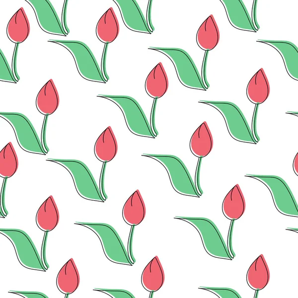 Padrão Sem Costura Tulipas Vermelhas Fechadas Flores Contorno Doodle Com — Vetor de Stock