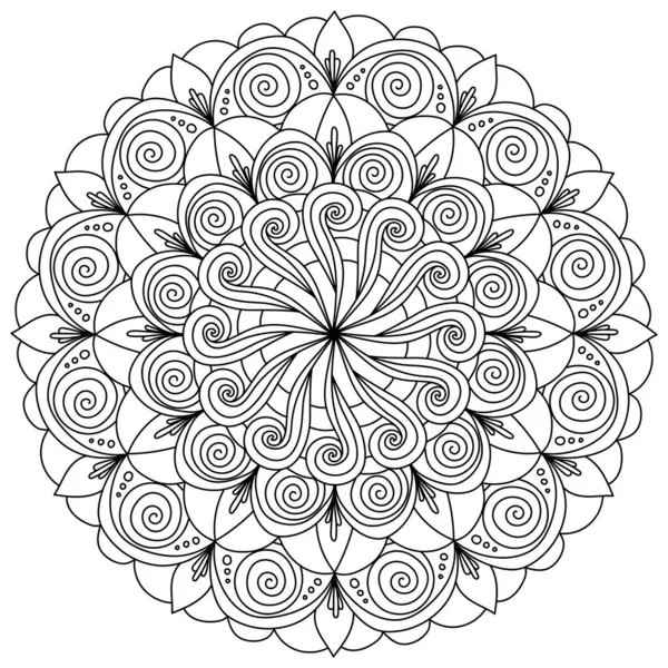 Contour Mandala Spiral Curls Petals Meditative Coloring Page Ornate Patterns — Stockvector