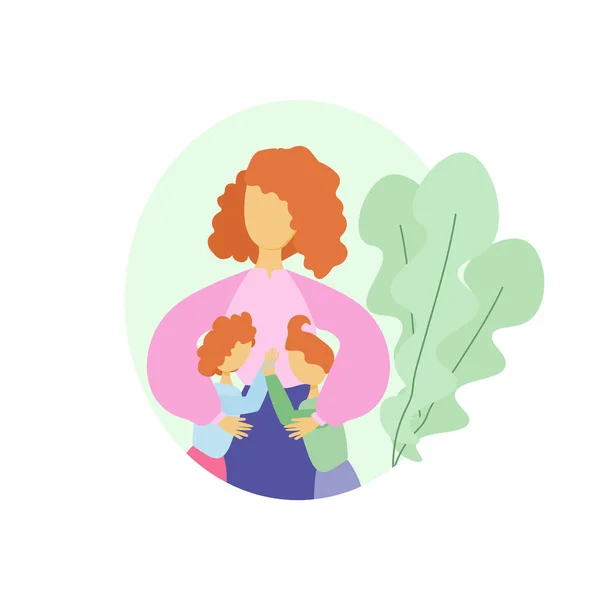Mãe Abraços Crianças Ilustração Vetorial Estilo Plano Sobre Maternidade Crianças — Vetor de Stock