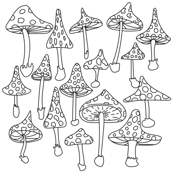 Set Contorno Funghi Amanita Mosca Agarica Stile Doodle Colorazione Disegno — Vettoriale Stock
