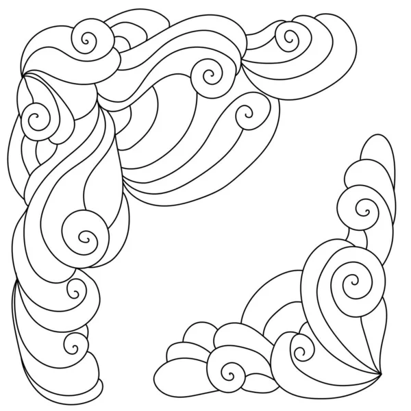 Линейный Уголок Кудряшками Волнами Декоративная Рамка Векторной Иллюстрацией Фантазий — стоковый вектор