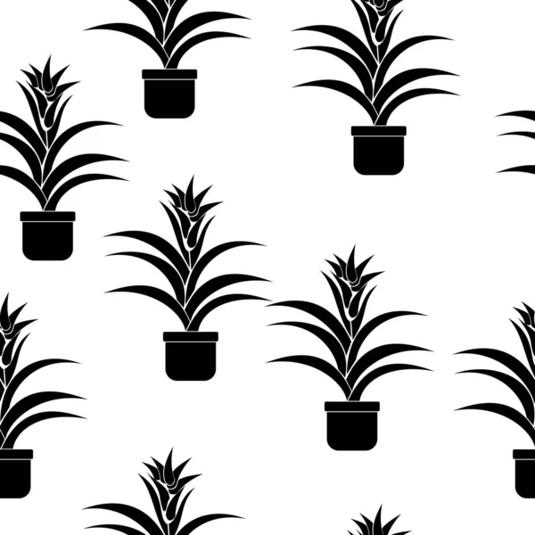 Bromeliad Plants Silhouette Seamless Pattern Blooming Potted Plant White Background — Stock Vector