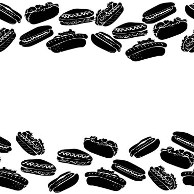 Hot dog silueti yatay kenar, tasarım için popüler fast food dekoratif çerçeve çizimi illüstrasyonu