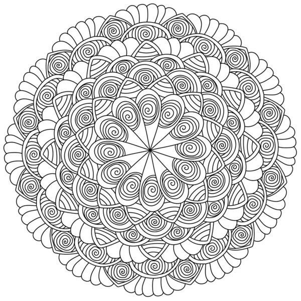 Konturmandala Mit Spiralelementen Und Gestreiften Blütenblättern Meditative Ausmalbilder Zur Vektorillustration — Stockvektor