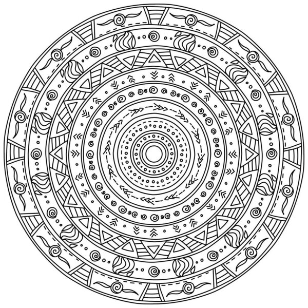 Outline mandala of several layers with various simple patterns, meditative coloring page with simple motives vector illustration