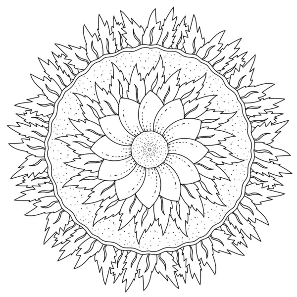 Mandala Fleur Avec Une Rangée Pétales Deux Rangées Feuilles Page — Image vectorielle