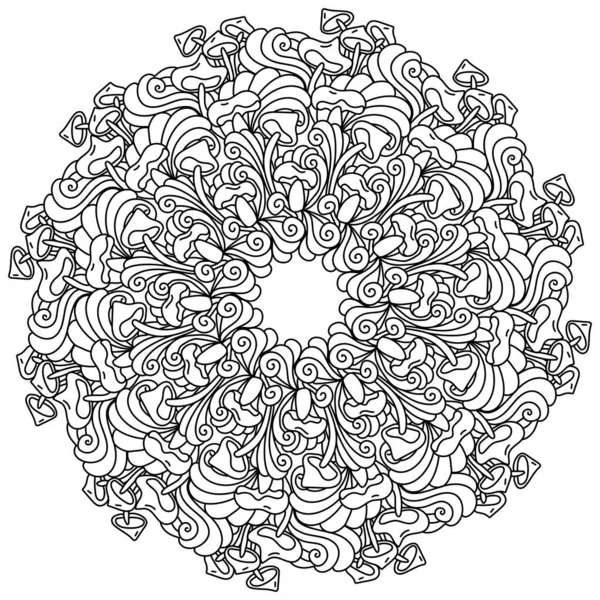 Симетрична Мандала Різними Грибами Візерунками Розмальовка Сторінка Вигляді Кола Природними — стоковий вектор