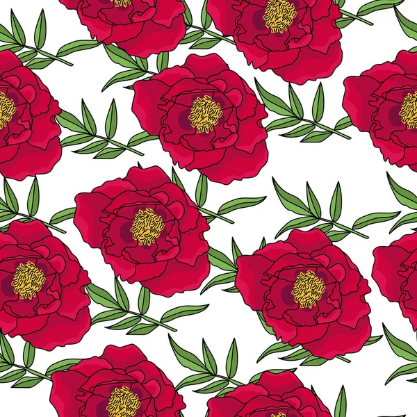 Seamless Pattern Dark Red Peonies Green Vetoches Oblong Leaves Blooming — 图库矢量图片