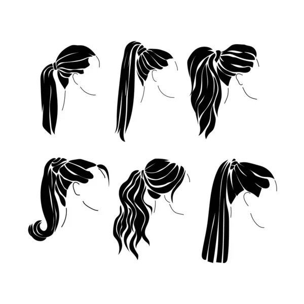 Saç Stili Kuyruğu Siluetleri Seti Modaya Uygun Kadın Saç Modelleri — Stok Vektör