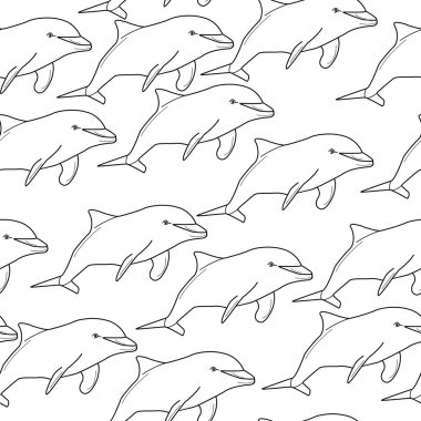 Yunusların kusursuz deseni, beyaz arka plan çizimi üzerinde deniz hayvanlarının ana hatları.