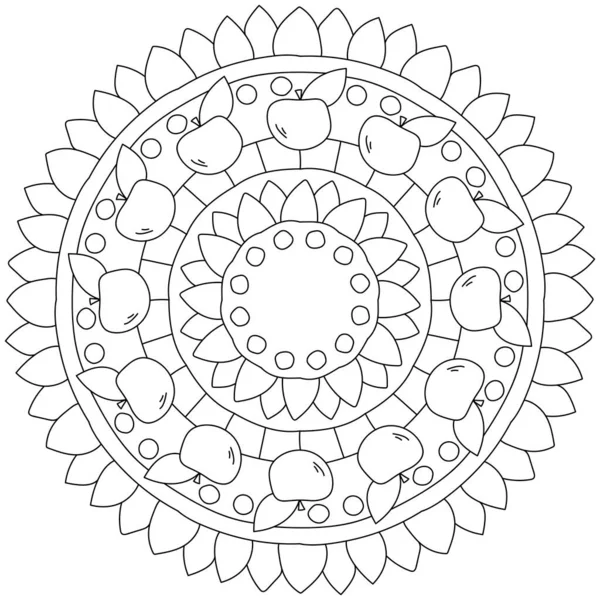 Egyszerű Mandala Gyümölcsökkel Mintákkal Színező Oldal Almákkal Szirmokkal Vektor Illusztráció — Stock Vector