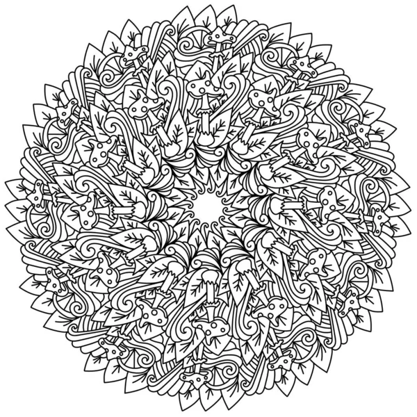 Mandala Contour Avec Champignons Feuilles Page Colorier Abstraite Avec Des — Image vectorielle
