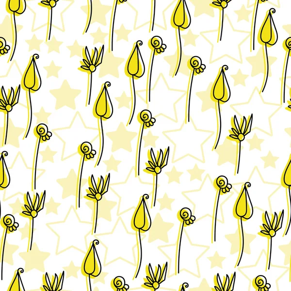 Бесшовный Рисунок Нежных Цветков Каракулей Желтым Силуэтом Различными Звёздами Белом — стоковый вектор
