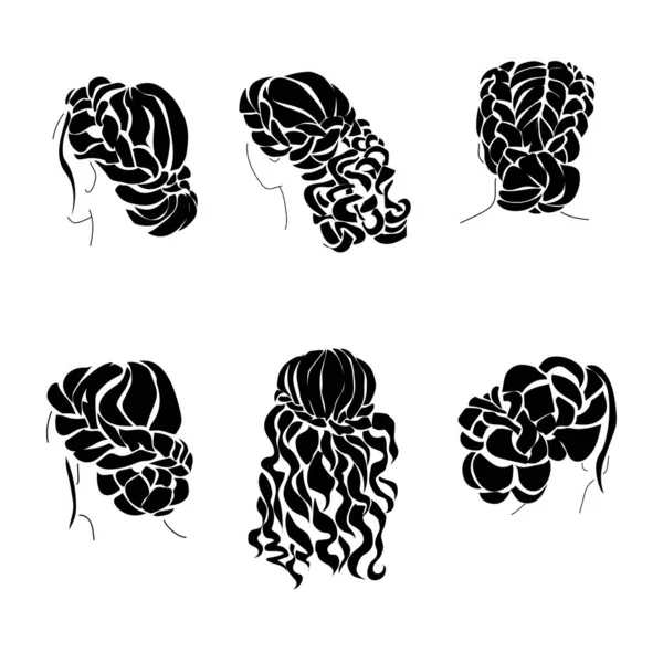 Set Hairstyles Silhouettes Wavy Hair Braiding Womens Trendy Styling Vector — Stock Vector