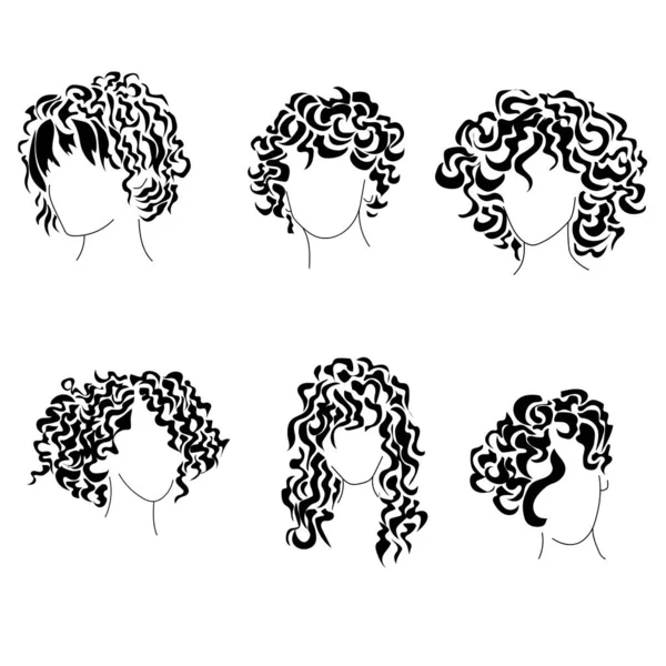 Saç Stilleri Kıvırcık Siluetler Seti Farklı Saç Uzunlukları Için Kadınların — Stok Vektör