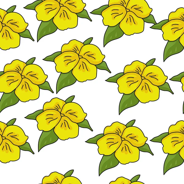 明亮的黄色花朵无缝图案 花瓣四瓣 叶数多 白色背景矢量图上的野花简单易懂 — 图库矢量图片