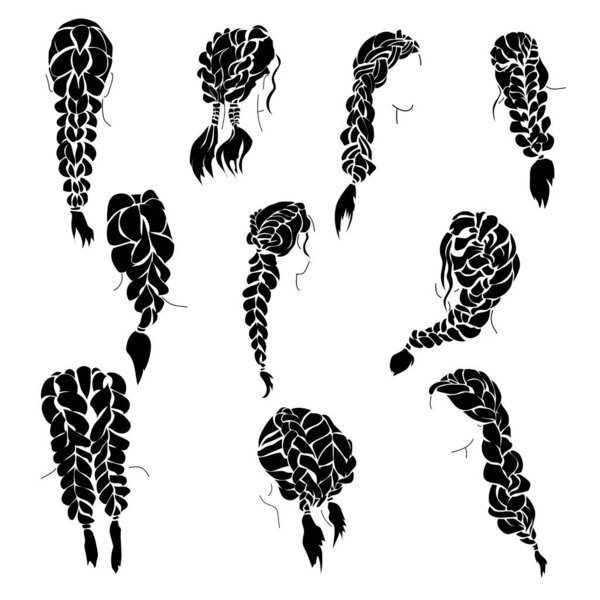 Set of braids silhouettes, beautiful female hairstyle with braiding vector illustration