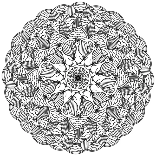 Mandala Contorno Con Pavos Reales Página Para Colorear Con Garabatos — Archivo Imágenes Vectoriales