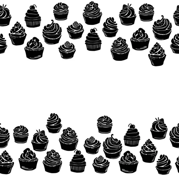 Cupcake Σιλουέτα Οριζόντια Σύνορα Μάφιν Διακοσμητικό Πλαίσιο Διάφορες Εικονογράφηση Διάνυσμα — Διανυσματικό Αρχείο