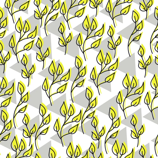 Seamless Pattern Ornate Doodle Leaves Yellow Color Gray Triangles White — Stock Vector