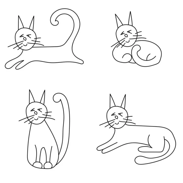 Zestaw Doodle Koty Różnych Pozach Zarys Zwierząt Zabawnymi Twarzami Wektor — Wektor stockowy